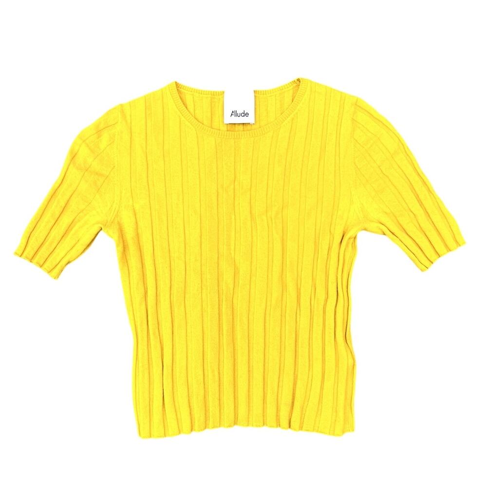 Allude | Ribbed Short Sleeve 100% Virgin Wool Cashmere Top Mustard Yellow Sz XS